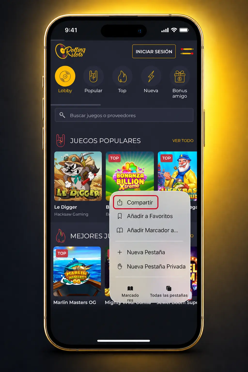 Pasos para descargar la app de Rolling Slots en iOS mediante Safari, sin necesidad de tienda de aplicaciones